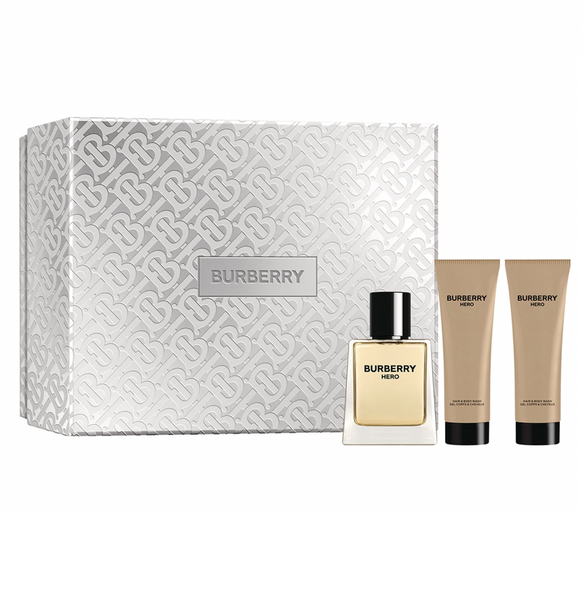Burberry Hero 3PCS Gift Set - 100ML EDT Spray + 7.5ML Mini + 75ML Hair & Body Wash (Men)