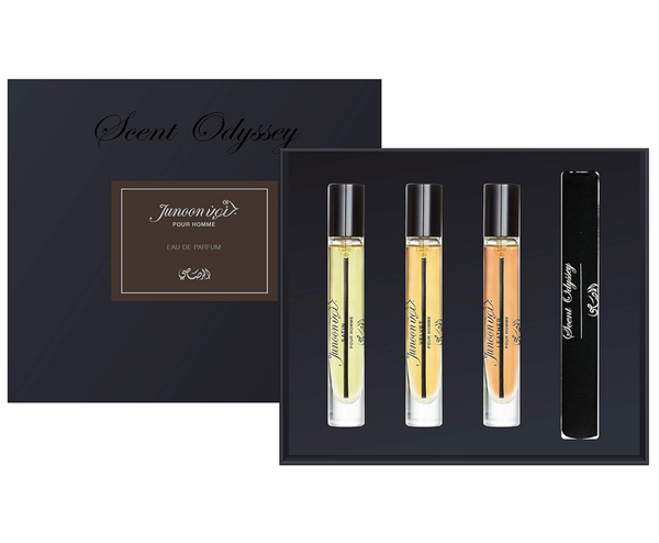 Rasasi Scent Odyssey Junoon Eau De Parfum Miniature 3PCS Gift Set - Satin 7.5ML + Velvet 7.5ML + Leather 7.5ML (Men)