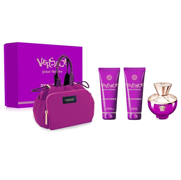 Versace Dylan Purple 4PCS Gift Set - 100ML EDP Spray + 100ML Perfumed Body Lotion + 100ML Perfumed Bath & Shower Gel + Versace Soft Make Up Case (Women)