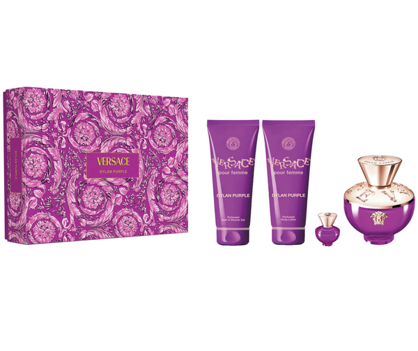 Versace Dylan Purple 4PCS Gift Set - 100ML EDP Spray + 100ML Perfumed Body Lotion + 100ML Perfumed Bath & Shower Gel + 5ML EDP Spray (Women)