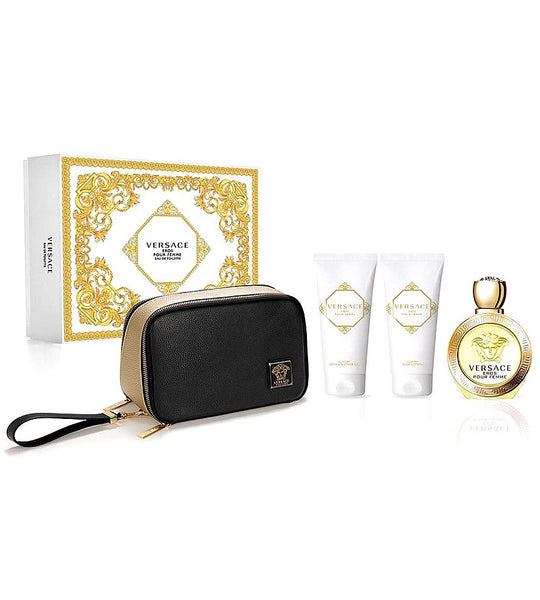 Versace Eros Pour Femme 4PCS Gift Set - 100ML EDT Spray + 100ML Shower Gel + 100ML Body Lotion + Travel Beauty Bag (Women)